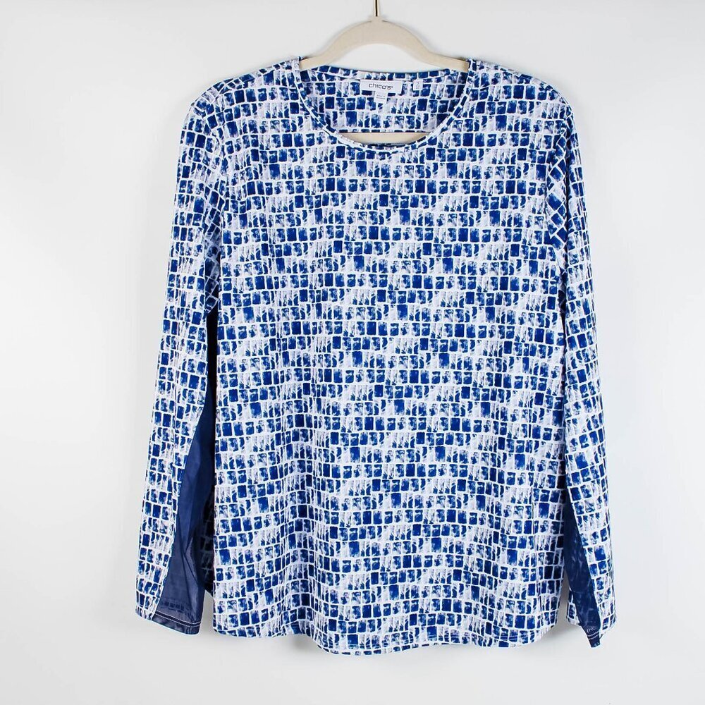 Chico's Blue White Top - Sheer Under Sleeves - Size 3 or XL